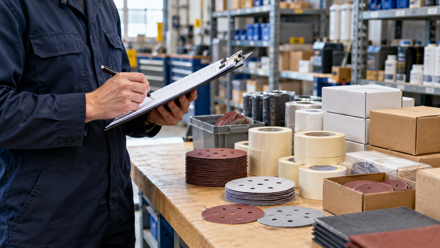 Illustrative scene of a coordinator checking a purchasing list beside abrasives, tape and packaged supplies