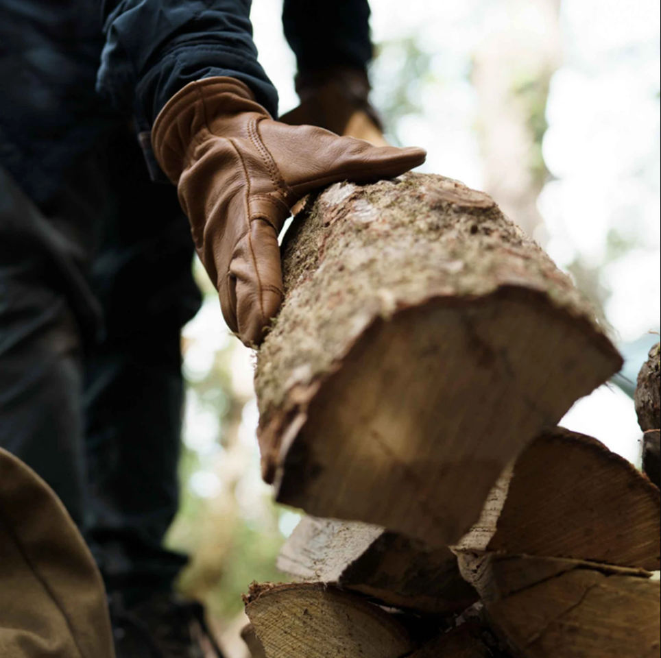 Leather work gloves handling timber