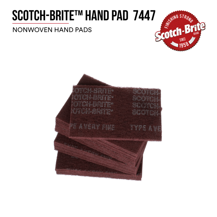 3M Scotch-Brite 7447 general purpose non-woven hand pads in maroon, very fine, 6x9 inches, 60 per case