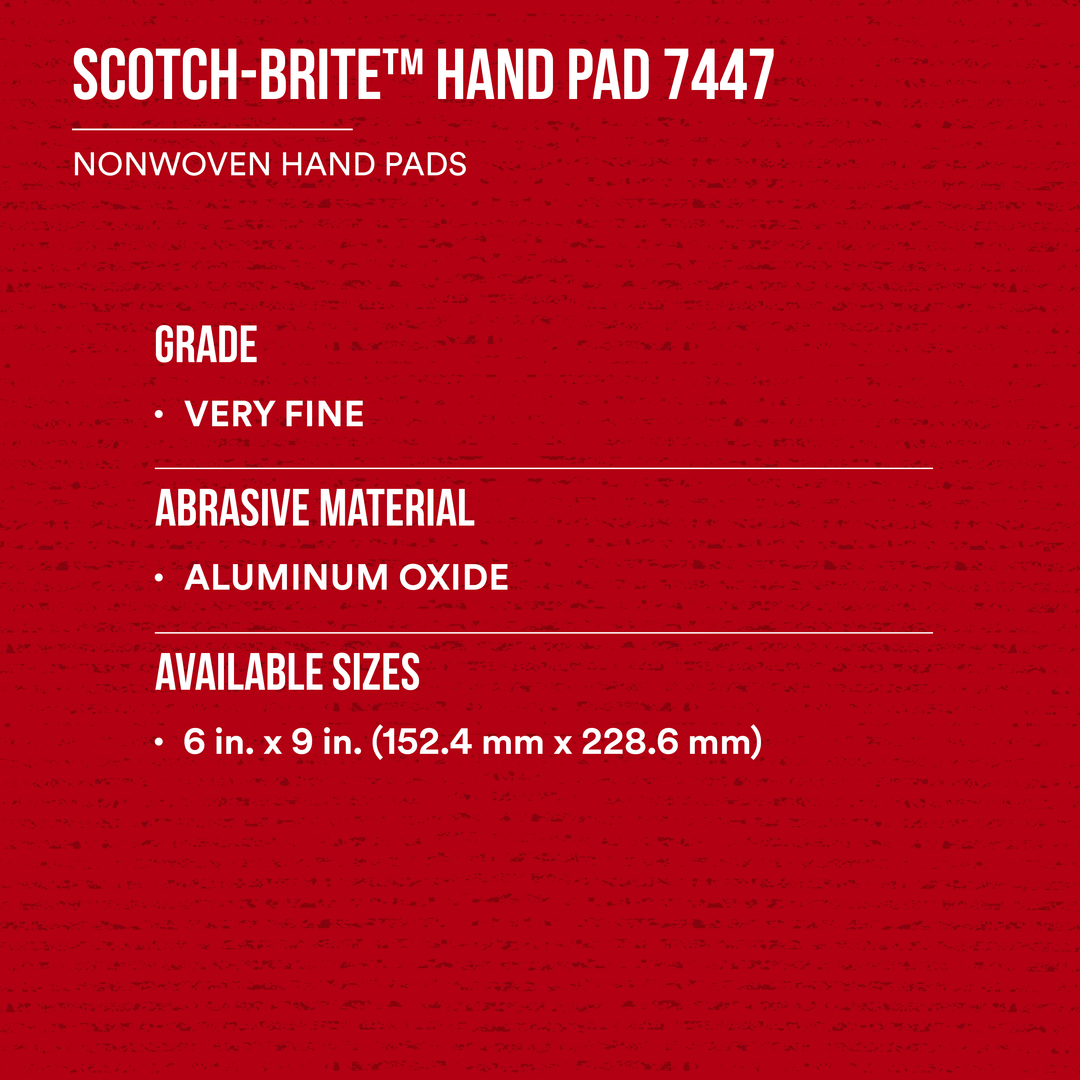 3M Scotch-Brite 7447 maroon non-woven hand pads, very fine grit, 6x9 inches, for general purpose cleaning, 60 pads per case.
