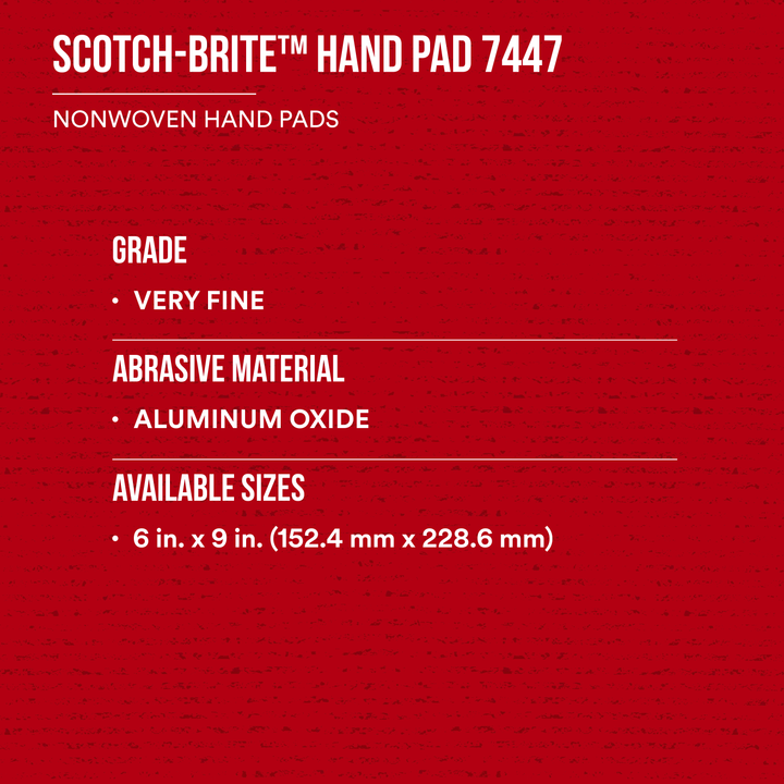 3M Scotch-Brite 7447 maroon non-woven hand pads, very fine grit, 6x9 inches, for general purpose cleaning, 60 pads per case.