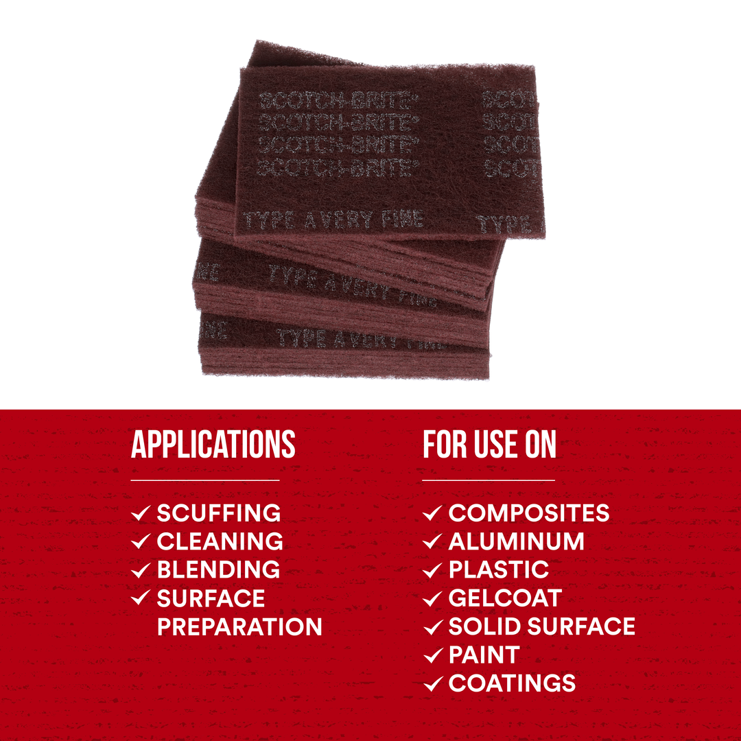 3M Scotch-Brite 7447 maroon general purpose non-woven hand pads, 6x9 inches, used for surface cleaning and finishing.
