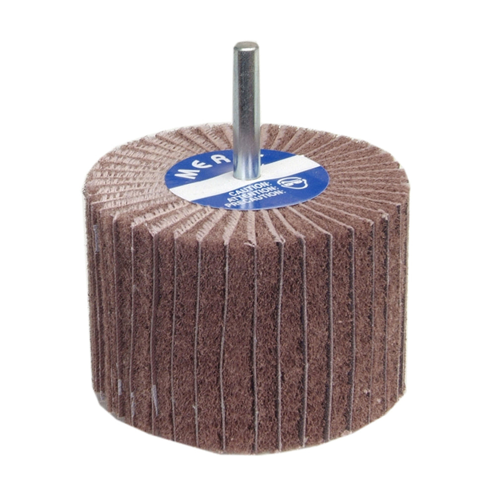 Merit 38126 aluminum oxide interleaf flap wheels with 1/4 steel shaft, non-woven design, 2x1-1/2x1/4 inches for grinding.