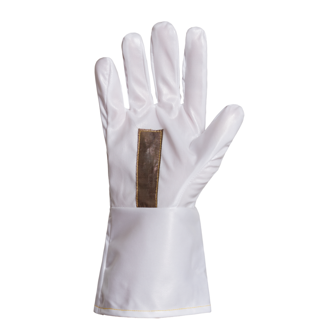 Superior Glove Ground Hog Spray Painters Glove with Pu/Nylon material and conductive silver stripe in palms, close-up view.