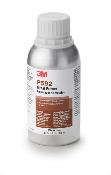 3M™ Metal Primer P592 in a 250mL bottle, clear adhesion promoter for steel, anodized aluminum, and galvanized metal surfaces.