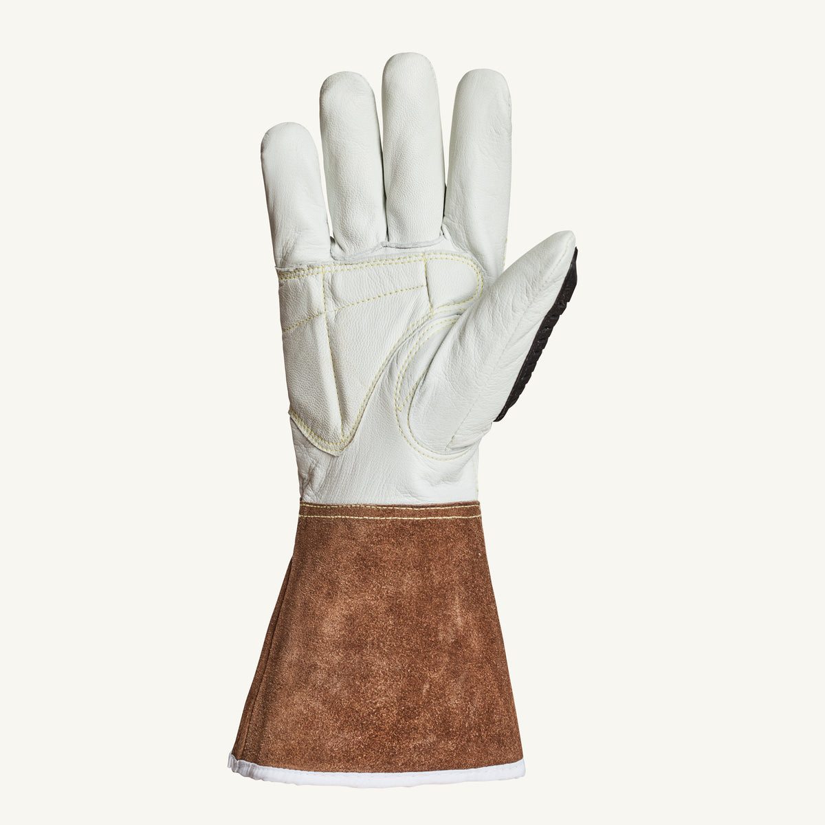 Superior Glove Endura goatskin glove with aramid lining, TPR back, brown gauntlet cuff, ANSI A6 safety rating, palm view