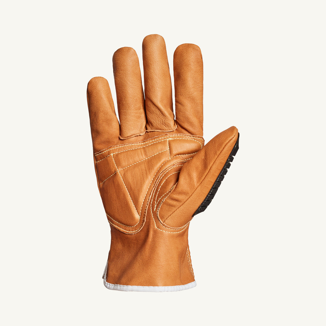 Superior Glove Oilbloc Endura Grain Goatskin Glove with molded TPR back, ANSI puncture resistance, size M, palm view.