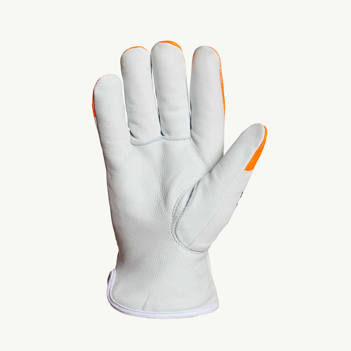 Superior Glove Endura Grain Goatskin Drivers Gloves with hi-viz orange finger tips and Thinsulate lining, showing palm and finger details.