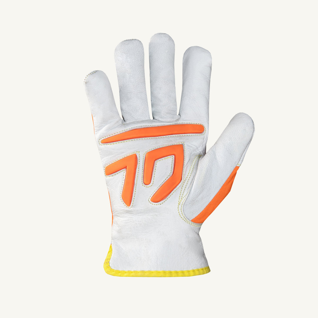 Superior Glove 378GTX/M Endura Grain Goat Driver glove with steel-lined TPR palm pads and orange back, designed for durability and protection.