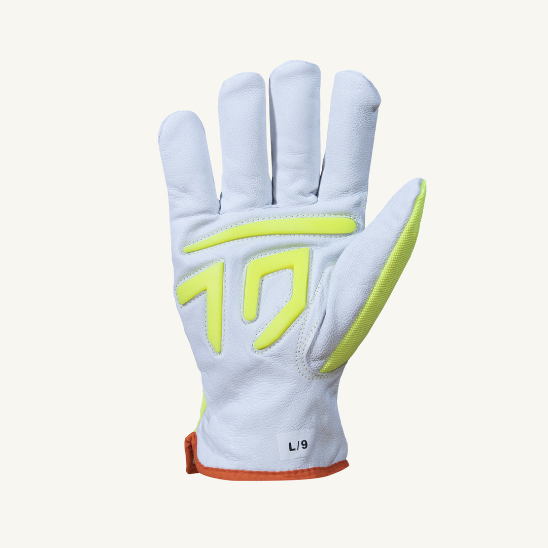 Superior Glove 378GTXHVLS high-visibility yellow driver glove with silver stripe, steel, and Thinsulate lining, ANSI A6 rated.