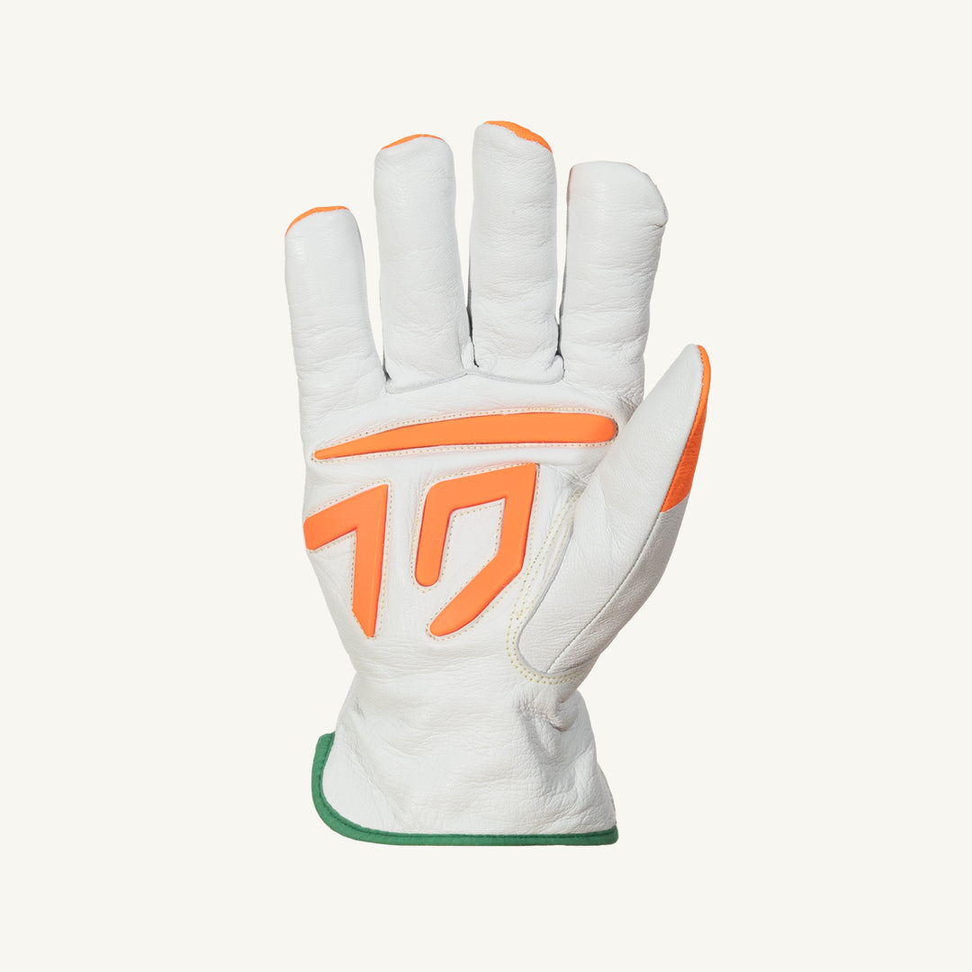 Superior Glove 378GTXOTL Endura Grain Goat Driver glove with steel lining, Hi-Viz orange finger tips, ANSI A5 safety standard, palm view