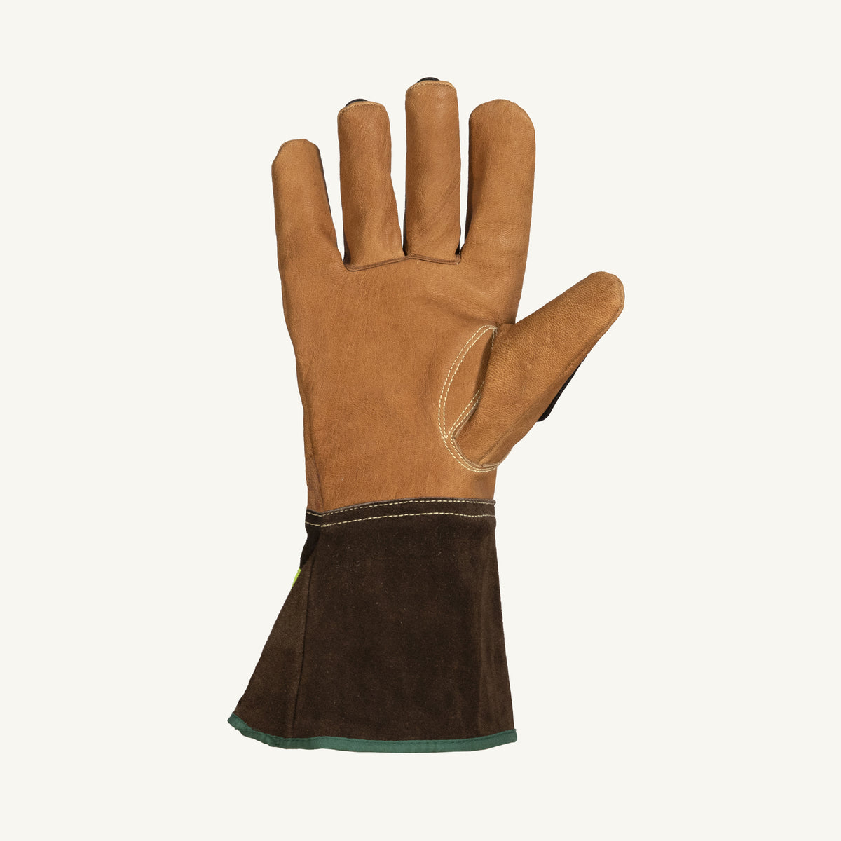 Superior Glove 378GTXVBG2XL Endura Oilbloc brown goatskin glove with high-visibility stripes on gauntlet cuff and TPR back for extra protection.