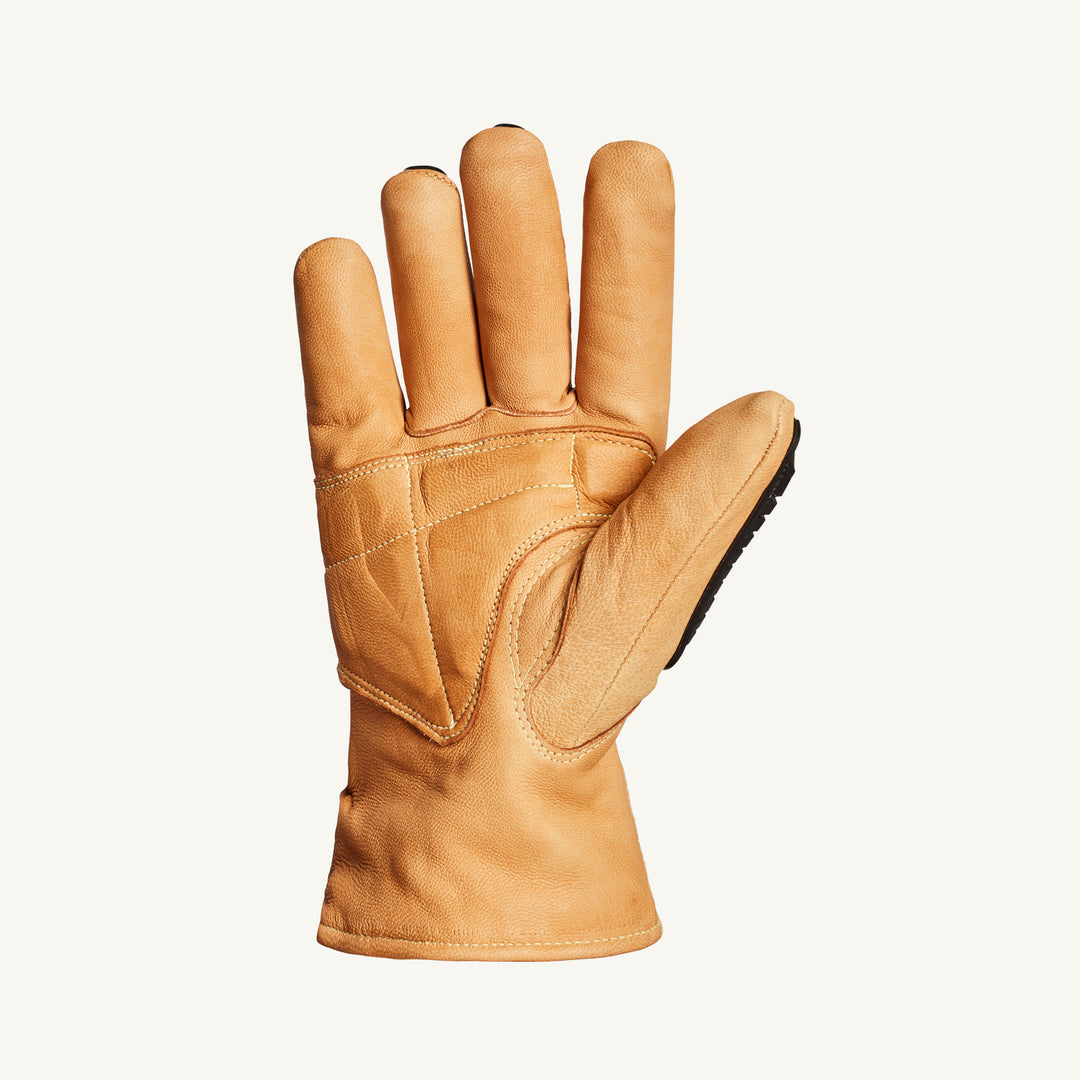 Superior Glove Oilbloc Endura goatskin drivers gloves with Kevlar, Thinsulate lining, TPR back, ANSI A5 cut protection, palm view.