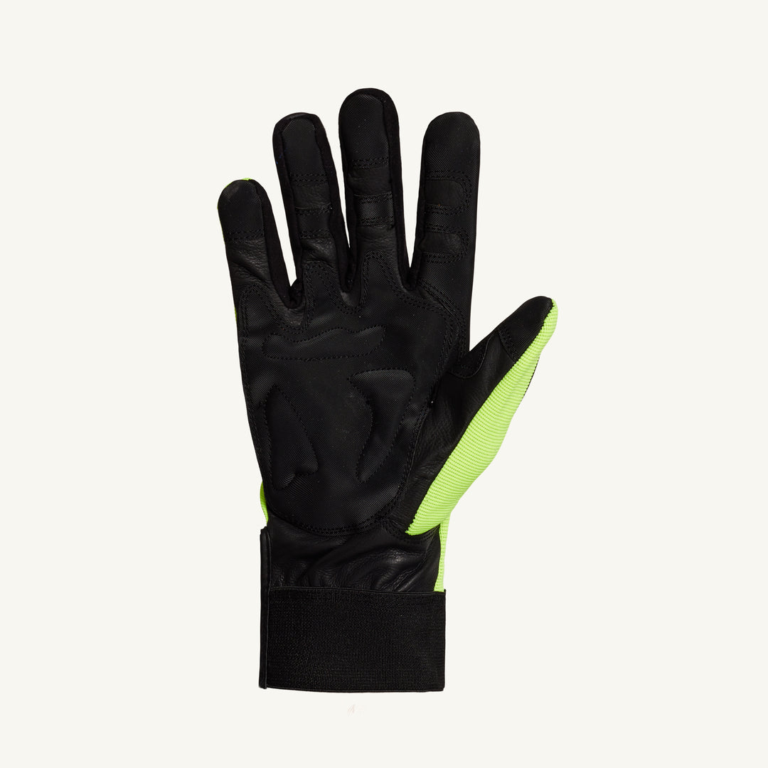 Close-up of Superior Glove 385CS lumberwork chainsaw glove palm showing 8-layer Kevlar lining and durable mechanics style design.