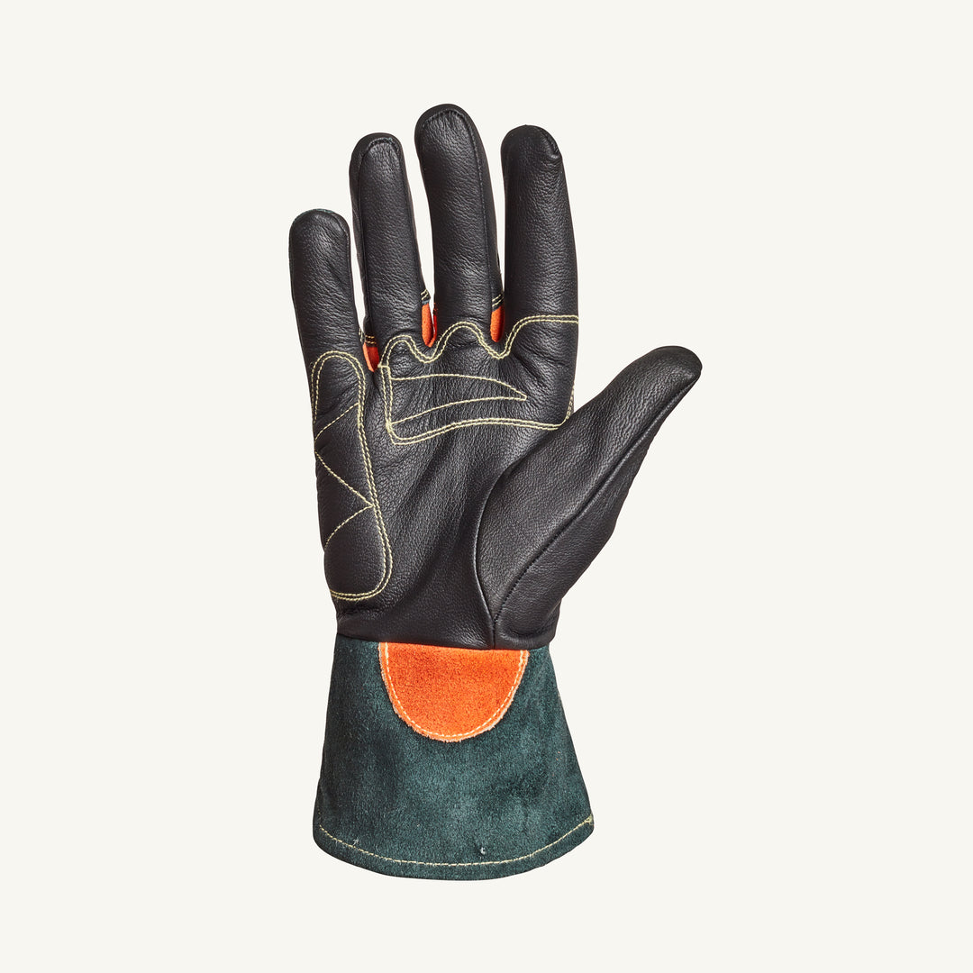 Black goat leather work glove with reinforced palm, Kevlar lining, and sewn heat-resistant seams by Superior Glove.