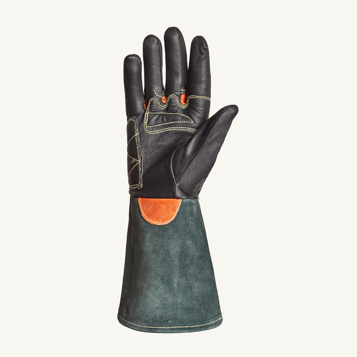 Superior Glove 398GLBGM Endura black goat leather work glove with reinforced palm, Kevlar lining, and 6-inch cuff for heat resistance.