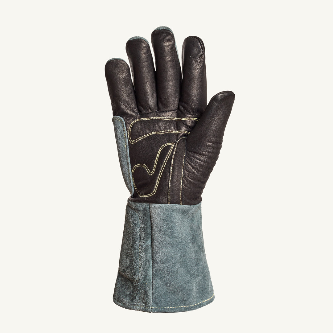 Superior Glove Endura Dlx welder glove with black cowgrain leather palm, Kevlar lining, split back, and foam back for protection.