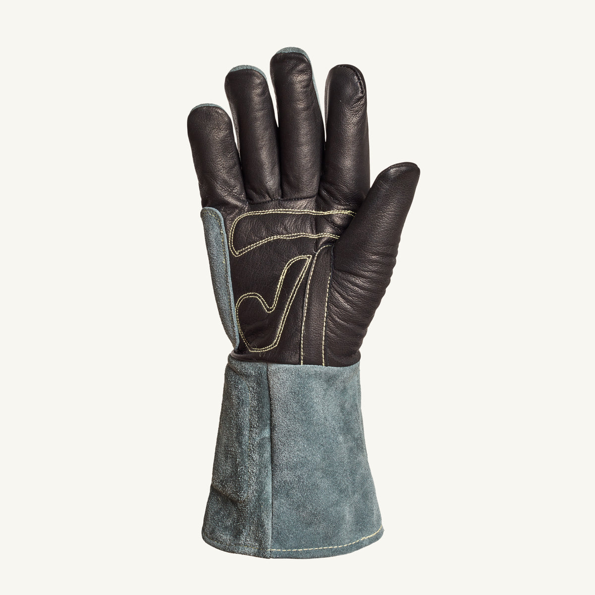 Superior Glove Endura DLX welder glove with black cowgrain leather, Kevlar lining, split back, and foam padding for hand protection.