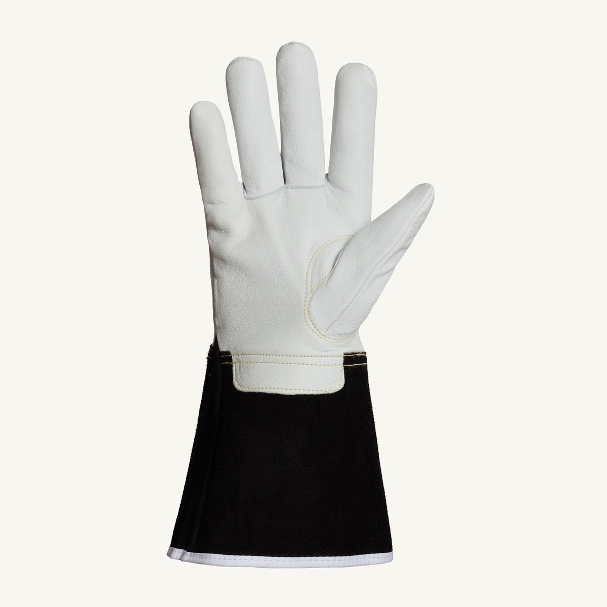 Close-up of Superior Glove 399GKGL5XX Endura Grain Goat Gloves with Kevlar liner and 5-inch split CF ANSI A4 safety standards.