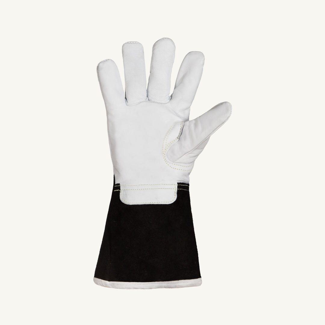 Close-up of Superior Glove 399GKGTL5L work glove palm with grain goat leather, Kevlar blend, and Thinsulate lining.