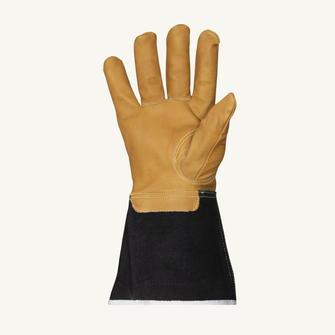 Close-up of Superior Glove Oilbloc Grain Goat Gloves with Kevlar liner and 5-inch split cuff, showing textured palm detail.