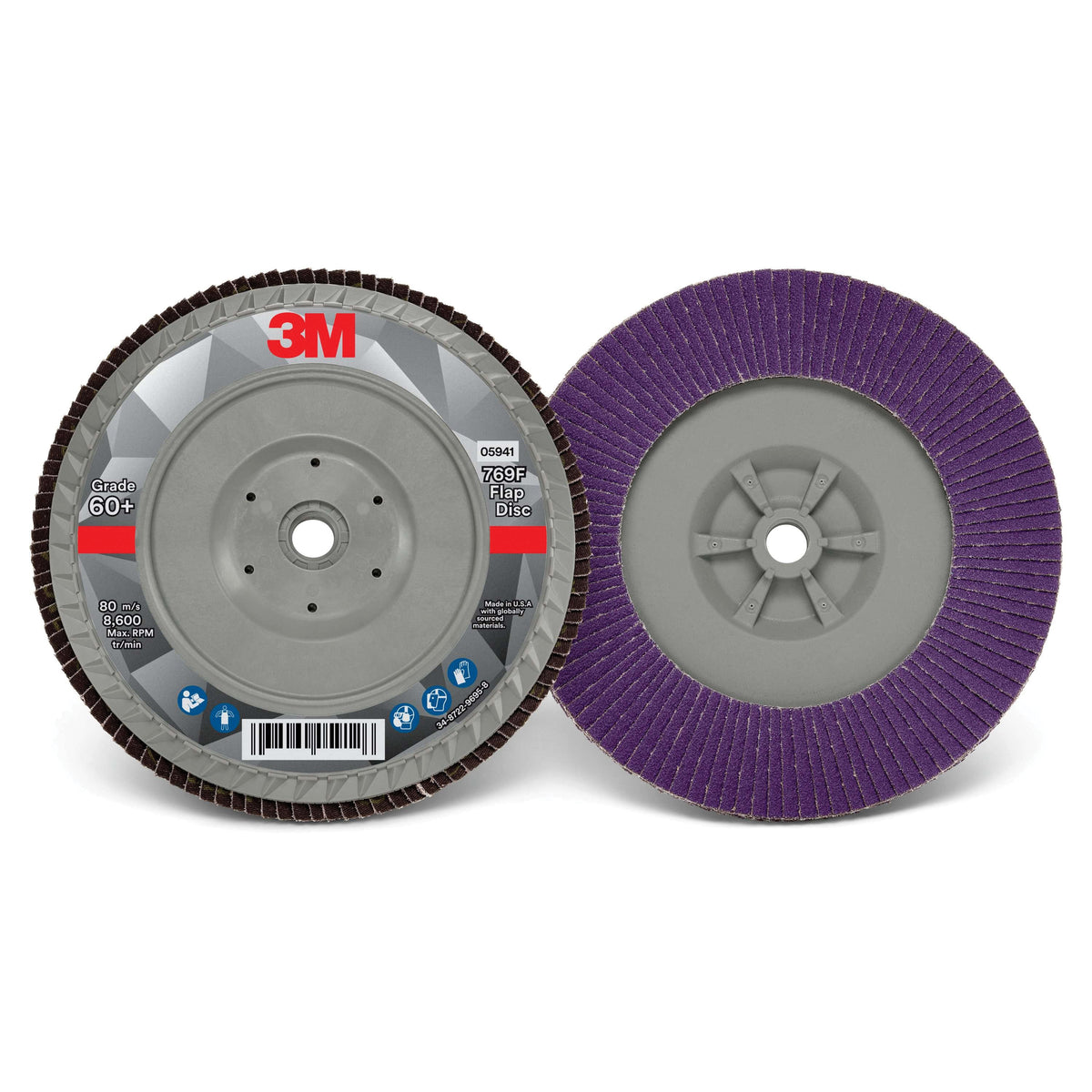 3M AB05941 Flap Disc 769F T27 60+ YF weight, 7-inch diameter with 5/8-11 inch arbor, used for grinding and finishing tasks