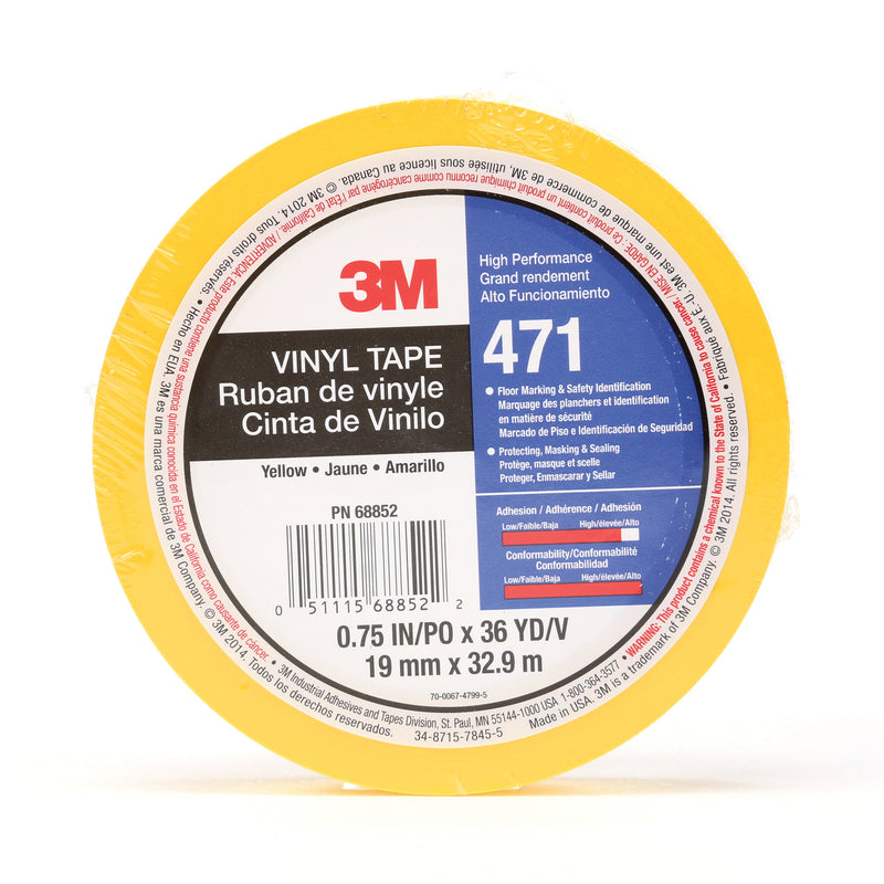 3M 471-3/4X36-YLW-IW - Vinyl Tape 471 in Yellow (3/4 Inch x 36 Yards x 5.2 mil) - Individually wrapped 7100044627 - eGrimesDirect