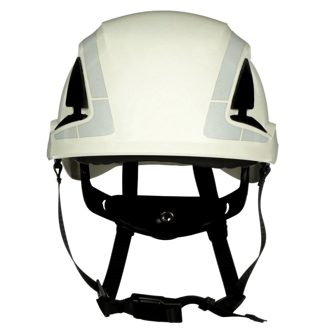 3M SecureFit X5001X-ANSI safety helmet in white with Scotchlite reflective material, part of the X5000 series.