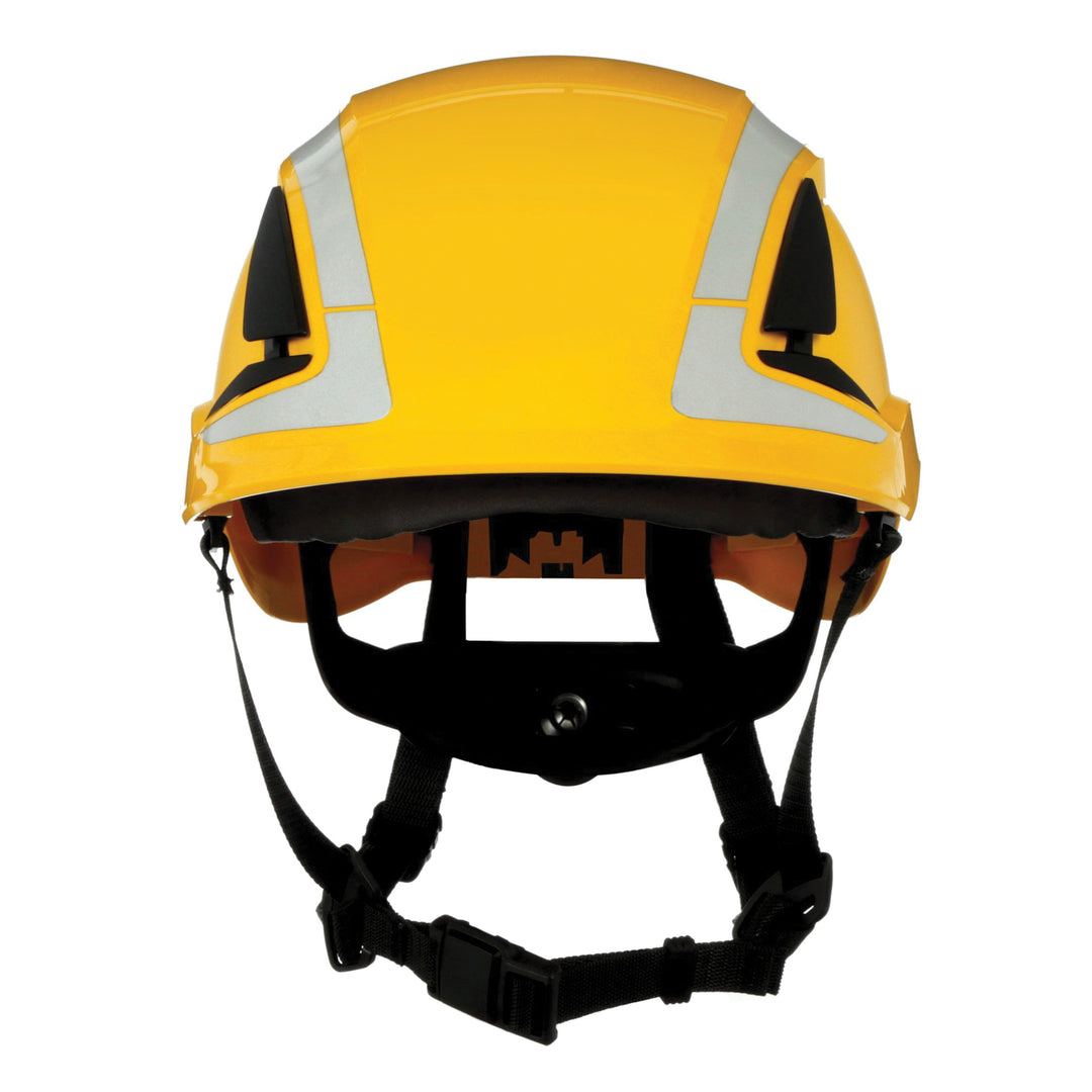 Yellow 3M SecureFit X5002X-ANSI safety helmet with Scotchlite reflective material for high visibility and protection.