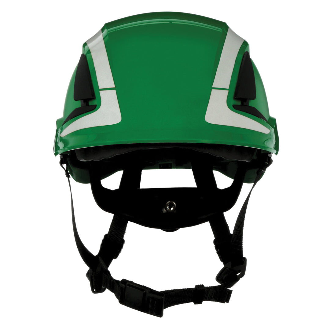 3M SecureFit X5004X-ANSI safety helmet in green with Scotchlite reflective material for visibility and head protection.