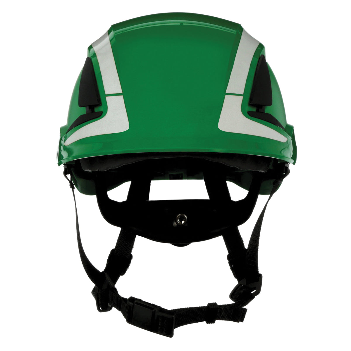 3M SecureFit X5004X-ANSI safety helmet in green with Scotchlite reflective material for visibility and head protection.