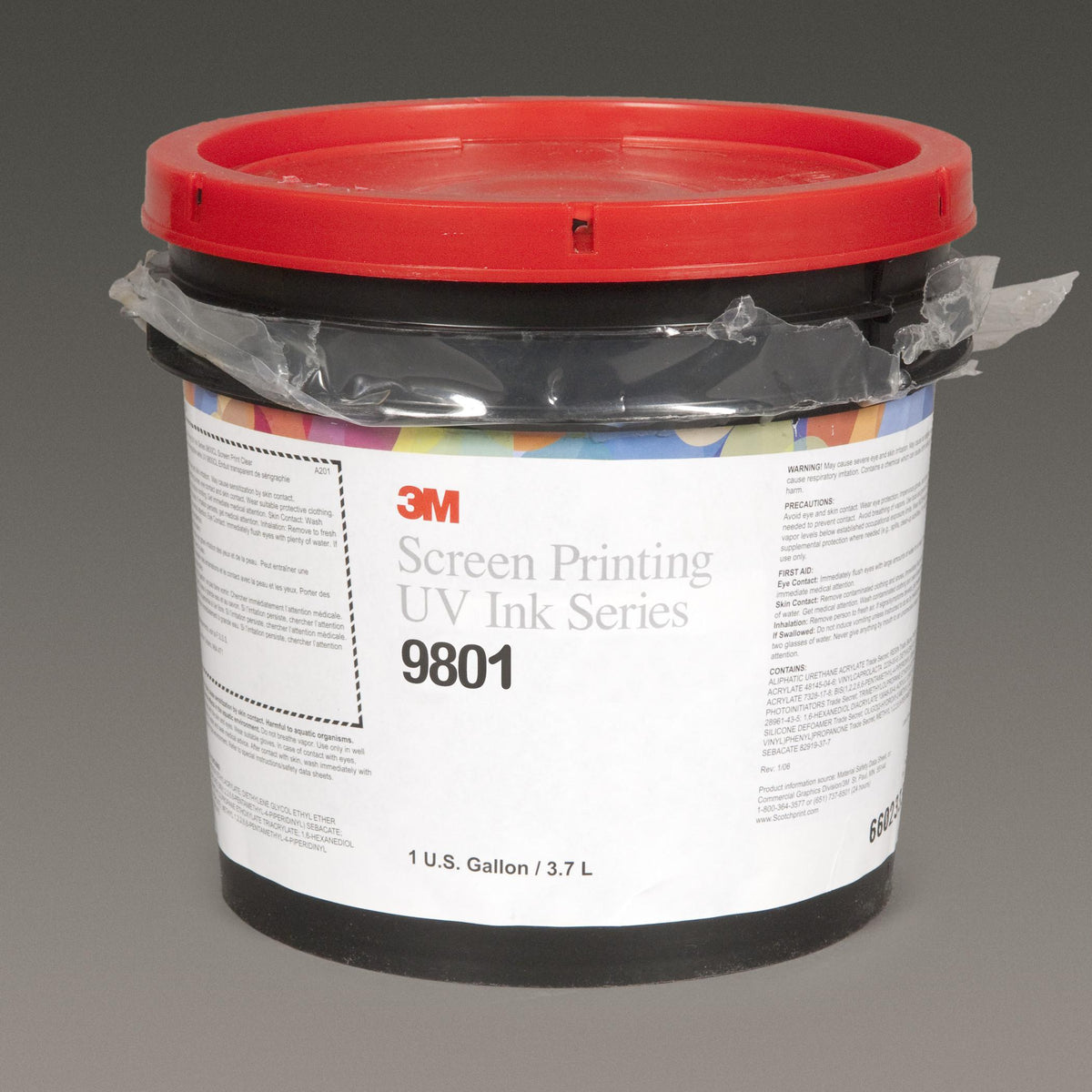 3M 9801THIN UV screen printing ink thinner in a 1-gallon container, used for enhancing UV ink flow and drying.