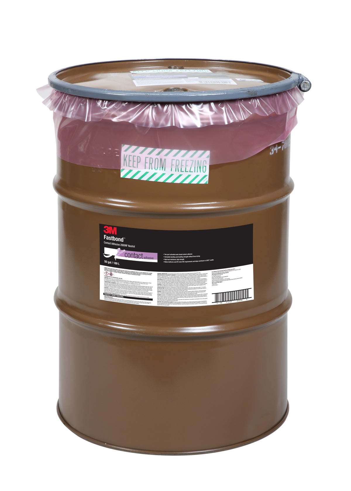 3M TM Fastbond TM Contact Adhesive 2000NF, Neutral, 55 Gallon (208.2 L) Open Head (50 Gallon Net), Drum