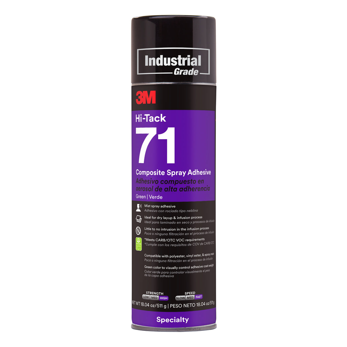 3M TM Hi-Tack Composite Spray Adhesive 71, Green, 24 fl oz (709 mL), 18.04 oz Net , 12 Can/Case
