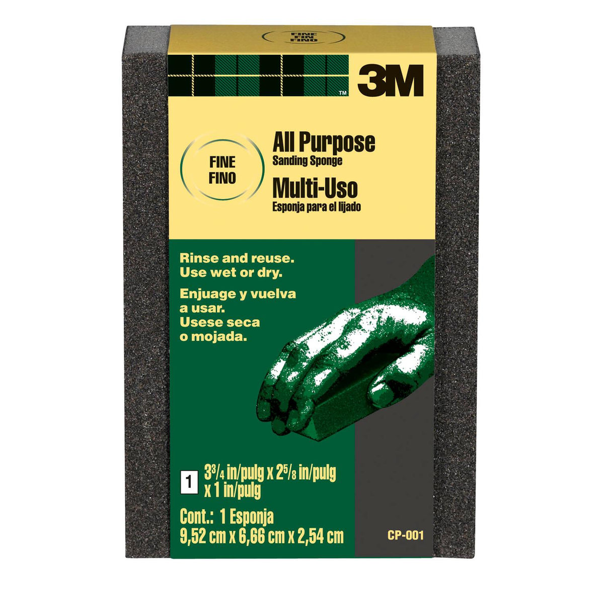 3M CP001-250 full-size fine sanding sponge, bulk pack, showing textured surface suitable for smoothing surfaces.