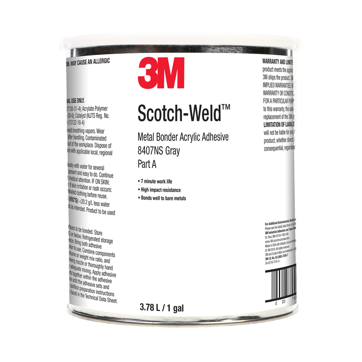 3M TM Scotch-Weld TM Metal Bonder Acrylic Adhesive Bead Free 8407NS, Grey, Part A, 1 Gallon (3.785 L), 4 Can/Case