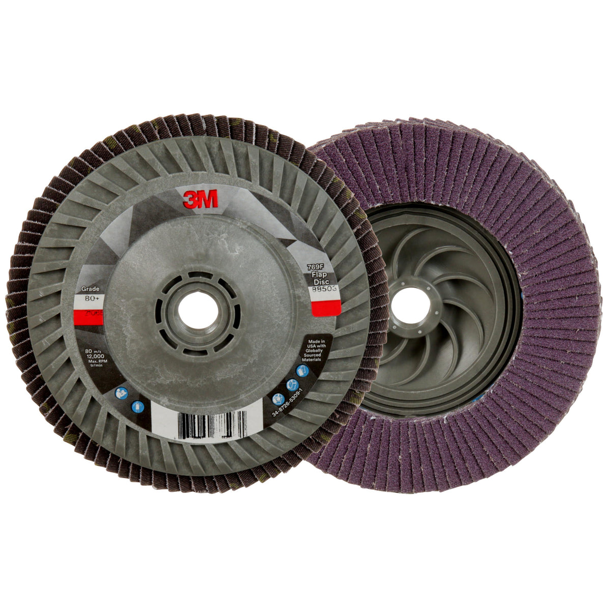 3M AB05940 flap disc 769F T27 7-inch grinding wheel with 5/8-11 inch arbor, suitable for metal grinding and surface finishing.
