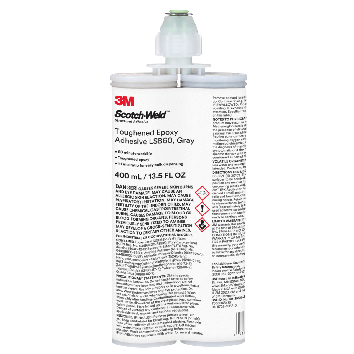 3M Scotch-Weld LSB60 toughened epoxy adhesive duo-pak in grey, 2-part cartridge, 400 ml for strong bonding applications.