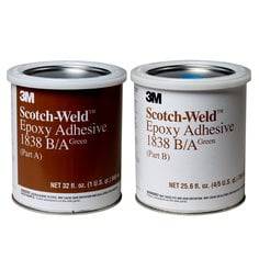 3M Scotch-Weld 1838 2-part epoxy adhesive kit in green, 1 quart container, includes resin and hardener for strong bonding.