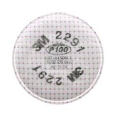 3M 2291-P100 advanced particulate filter attached to a respirator mask, showing the filter&
