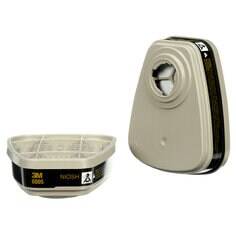 3M 6005 formaldehyde and organic vapour cartridge for respiratory masks, shown with filter and cartridge components.