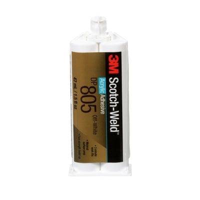 3M Scotch-Weld DP805 acrylic adhesive in white, 1.58 fl oz, showing the tube and applicator tip for bonding applications.