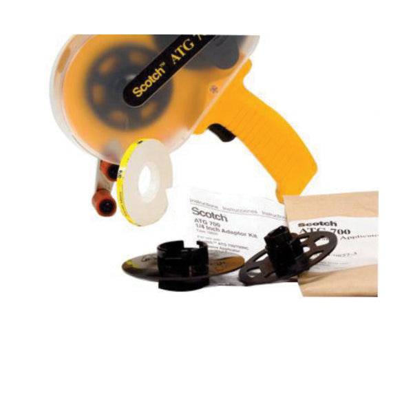 3M Scotch ATG-700-1/4 adapter kit for 1/4 inch wide rolls, shown with adhesive tape roll and compatible adapter components.