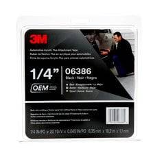 3M Automotive Acrylic Plus attachment tape in black, 1/4 inch by 20 yards, 45 mil thick, used for automotive bonding applications.