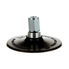 3M 05541 Roloc disc pad assembly for backup pads, 4-inch (10.16 cm) size, shown on a workbench with tools.