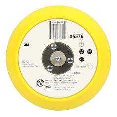 3M 05576 backup pad, yellow Stikit 0, 6-inch diameter, no hole, used for sanding and polishing applications.