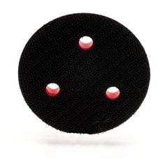 3M Hookit Clean Sanding Low Profile Disc Pad 3-inch diameter with red foam, 1/4-20 external threads, and three holes for backing.
