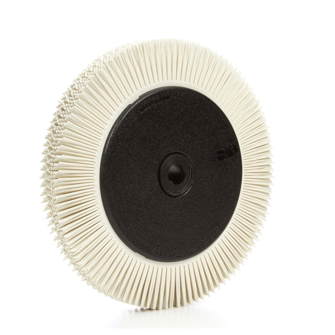 3M Scotch-Brite SB33083 radial bristle brush with flange, 8-inch diameter, 120 grit, used for surface cleaning and finishing.