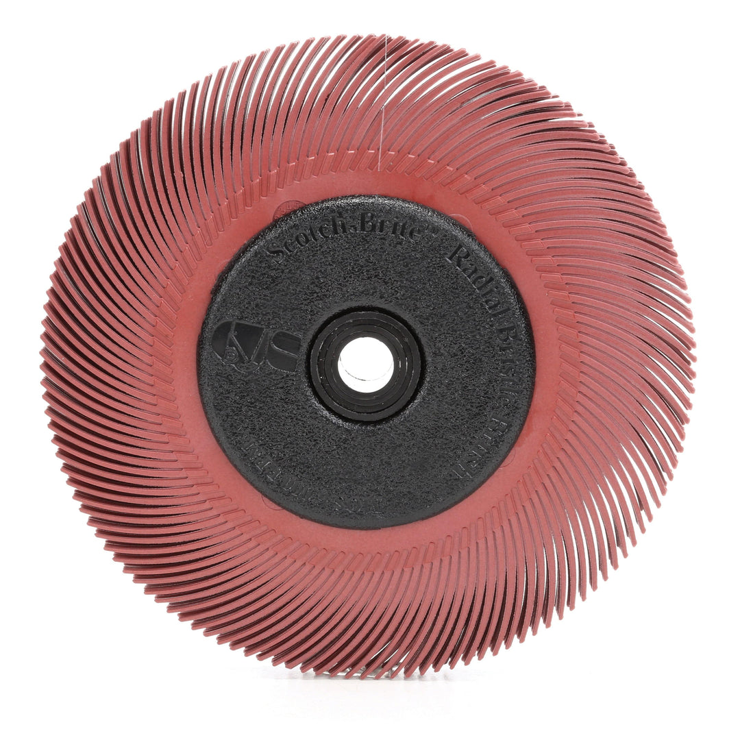 3M Scotch-Brite SB33213 radial bristle brush with 6-inch diameter, 220 grit, and adapter for surface cleaning and deburring.