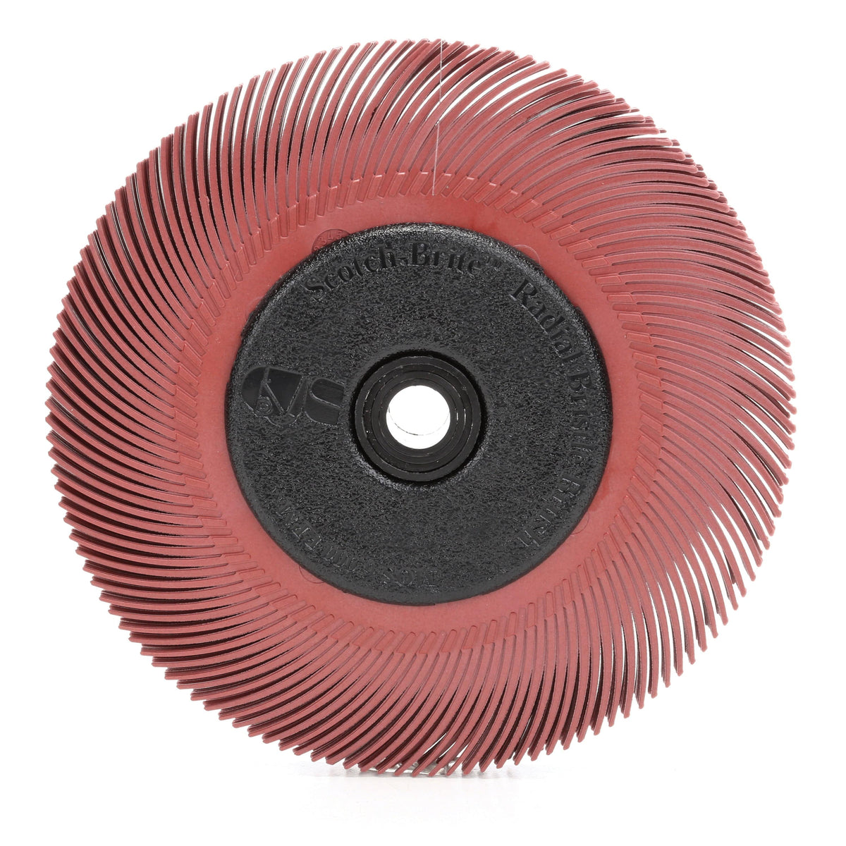 3M Scotch-Brite SB33213 radial bristle brush with 6-inch diameter, 220 grit, and adapter for surface cleaning and deburring.